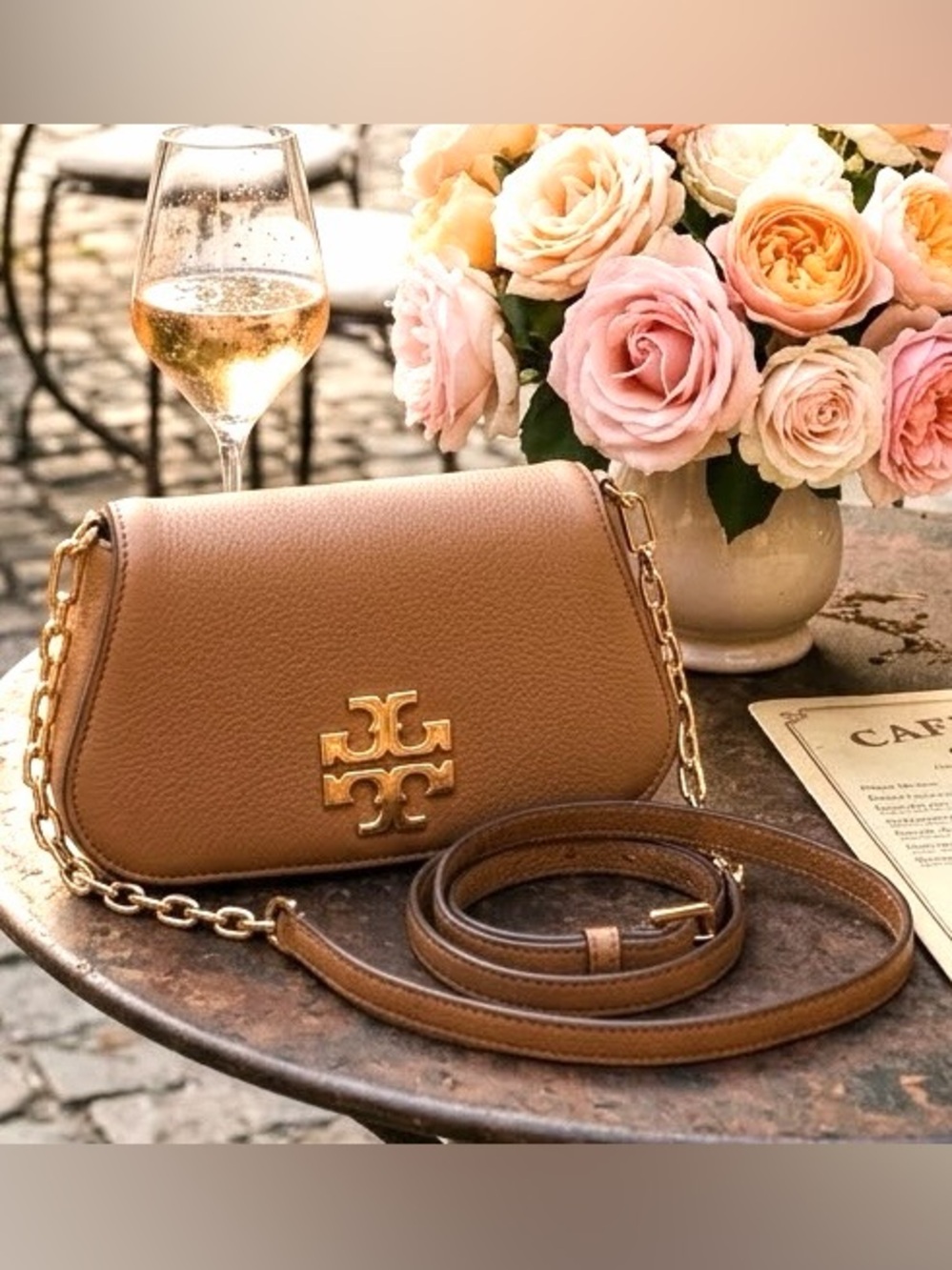 Auth Tory Burch Britten Mini Flap Crossbody Bag Tan Pebbled Leather Gold Chain